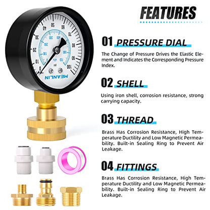 MEANLIN MEASURE 0~100Psi 3/4" Female Water Pressure Kit Plus 5 adapters, 2.5" FACE DIAL Multi-Purpose Pressure Gauge Kit, Hydraulic Tester,Suitable for Gardens, Water Pipes, etc - color: Black, size: 0-100Psi (With Fittings)