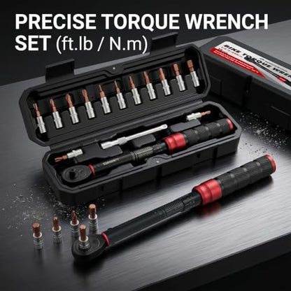 WORKKOOL 1/4" Bike Torque Wrench Set 72-Tooth Dual Direction, 15PCS Drive Click Torque Wrench Double Scale 2-24Nm/1.47-17.7ft.lb/17.7-212.42in.lb for Bicycle, Motorcycle