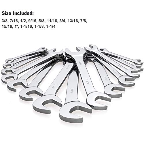 14-Piece Premium Angle Head Open End Wrench Set, Chrome Vanadium Steel | Include Standard Inch Sizes 3/8, 7/16, 1/2, 9/16, 5/8, 11/16, 3/4, 13/16, 7/8, 15/16, 1, 1-1/16, 1-1/8, 1-1/4 with Storage Rack - style: SAE 14-Piece Set