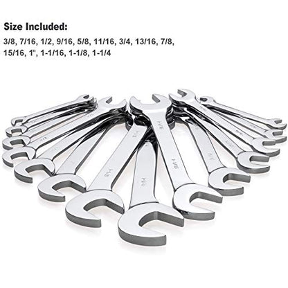 14-Piece Premium Angle Head Open End Wrench Set, Chrome Vanadium Steel | Include Standard Inch Sizes 3/8, 7/16, 1/2, 9/16, 5/8, 11/16, 3/4, 13/16, 7/8, 15/16, 1, 1-1/16, 1-1/8, 1-1/4 with Storage Rack - style: SAE 14-Piece Set