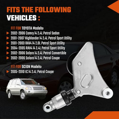 Belt Tensioner Assembly with Pulley Fit for Toyota for RAV4 2001-2005, Solara, Fit for Camry 2002-2006, Highlander 2001-2007 & Scion tC 2005-2010, Replace# 166200W110, 1662028010 - size: 166200W110