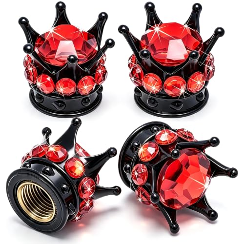 4PCS Crown Bling Tire Stem Valve Caps, Crystal Diamond Car Wheel Tire Valve Caps Universal Copper Core Stem Covers for Cars, SUV, Trucks, Bikes, Motorcycles, Bicycles (Black & Red) - color: Black & Red