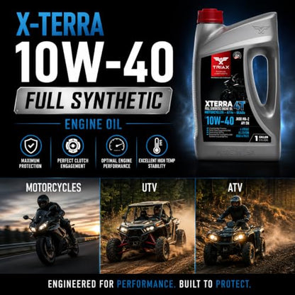 TRIAX XTerra 4T 10W-40 Full Synthetic 4 Stroke Engine Oil | For Motorcycles, ATVs, Quads & Snowmobiles | Exceeds JASO MA2 & API SL/SM/SN | True All Season | Race Ready (1 Gallon) - size: 1 Gallon
