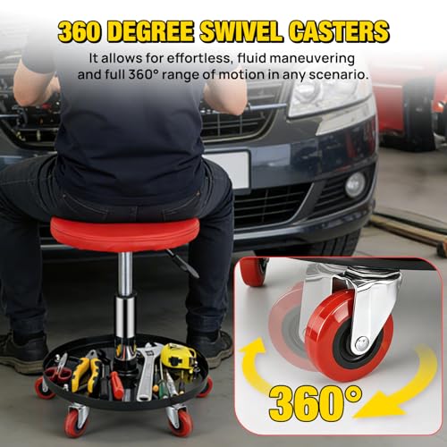Nilight Rolling Mechanic Stool 330LBS Pneumatic Adjustable Swivel PU Seat - color: Black Red 330lbs