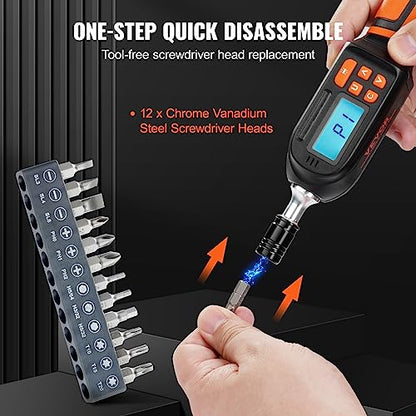 VEVOR Digital Torque Screwdriver, 1/4" Drive Screwdriver Torque Wrench, Electrician Torque Screwdriver with LCD, 2.65-70.67 in-lbs Torque Range, 0.01 N.m Increment Torque Screwdriver with Bits & Case - size: Ultra 2.65-70.67 in-lb