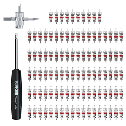 SUNSOUL 102PCS Schrader Tire Valve Cores with 4-Way Valve Core Removal Tool