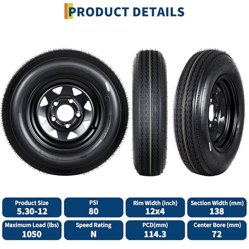 Garvee 2-Pack 5.30-12 5.30x12 530-12 Trailer Tires with 12" Rims, 5 Lug on 4.5" Bolt Pattern, 6PR Load Range C, Heavy Duty 5.30x12 5.3-12 Tires for Utility, Boat, Camper, Cargo Trailers - size: 5.30-12