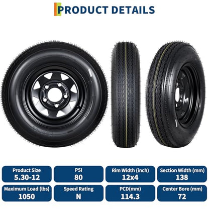 Garvee 2-Pack 5.30-12 5.30x12 530-12 Trailer Tires with 12" Rims, 5 Lug on 4.5" Bolt Pattern, 6PR Load Range C, Heavy Duty 5.30x12 5.3-12 Tires for Utility, Boat, Camper, Cargo Trailers - size: 5.30-12