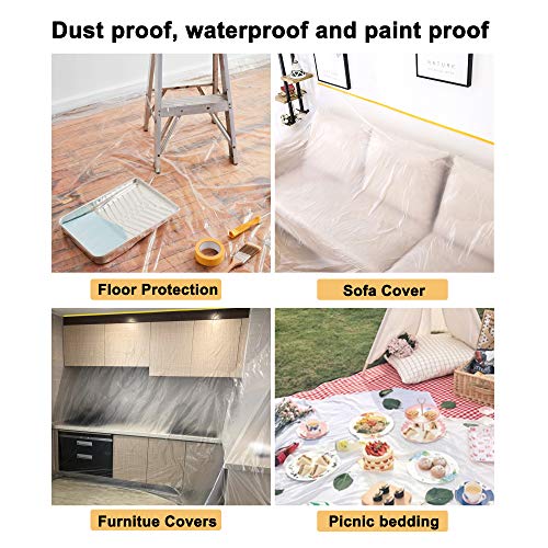 Muf 5 x 65 Feet Plastic Drop Cloth Plastic Sheeting with Masking Tape,Waterproof Protective Masking Film,Prevent Dust Paint for Car,Furniture,Carpet,Floor,1 Pack - size: 5 × 65 feet