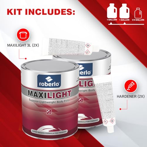 Roberlo Maxilight Superior Lightweight Body Filler - Repair for All Lengths Dents & Scratches, Perfect on Aluminum, Steel, Zinc, Galvanized & Fiberglass - Finish Putty, Smooth Finish - 3L + Hardener - size: 3 Liter (Pack of 2)