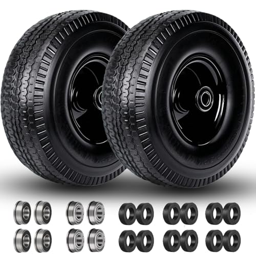 4.10/3.50-4" Tire and Wheel, 10" Solid Tire, 5/8" Bearing with 3/4" & 1/2" Extra Bearings, 4.10/3.50-4 Flat Free Wheels, 2.2" Offset Hub for Hand Truck Garden Wagon Cart Trolley Dolly - 2 Pack - color: black
