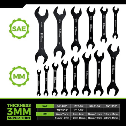 Super-Thin Open End Wrench Set, 14pc SAE Metric 6-24mm & 3/8"-1-1/16" - color: Black, size: 14PC SAE&Metric(Thin Wrench)