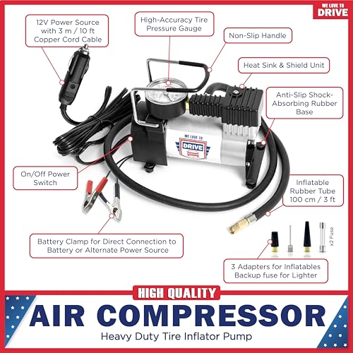 Tire Inflator Portable Air Compressor – 12V DC Air Pump for Car Tires, 150 PSI Electric Air Pump with Tyre Pressure Gauge – Corded Silver by WE LOVE TO DRIVE - color: Silver