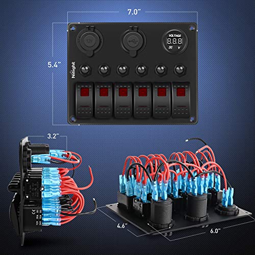 Nilight 6 Gang Rocker Switch Panel On Off with Resettable Circuit Breaker - color: Red