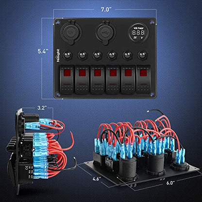 Nilight 6 Gang Rocker Switch Panel On Off with Resettable Circuit Breaker - color: Red