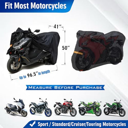 Motorcycle Cover 300D, UV Resistant,Waterproof for Outdoor Parking - size: 96.5“Lx41"Wx50"H
