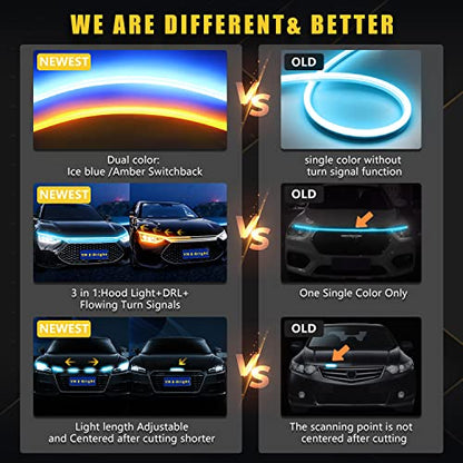 YM E-Bright LED Hood Light Strip, 47in Ice Blue Amber Switchback DRL 12V - color: Ice Blue/Amber Switchback, size: 47 inches