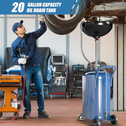 LARBANKE 20 Gallon Waste Oil Drain Tank with Wheels,Air Operated Drainer Oil Change Tank,Oil Drain Container with Adjustable Funnel Height,for Easy Oil Removal,Blue