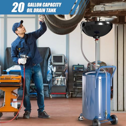 LARBANKE 20 Gallon Waste Oil Drain Tank with Wheels,Air Operated Drainer Oil Change Tank,Oil Drain Container with Adjustable Funnel Height,for Easy Oil Removal,Blue