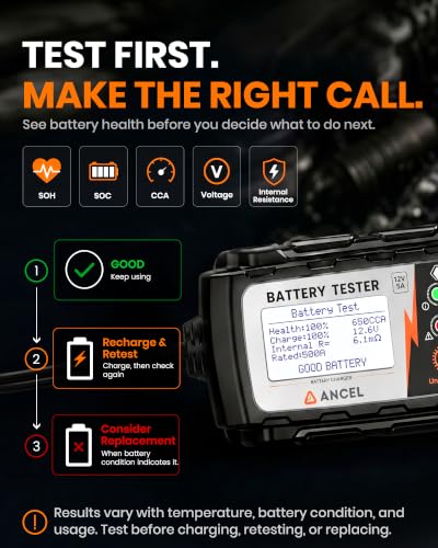 ANCEL BT521 12V Lead-Acid Battery Tester & Charger, 5A Smart Maintainer