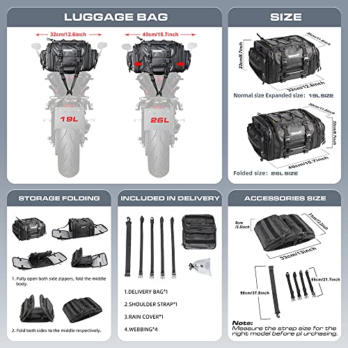 Rhinowalk Motorcycle Saddle Bag Motorbike Tail Bag Waterproof Expandable Pannier Bag Powersports Travel Luggage (Black, 26L) - color: Black, size: 26L