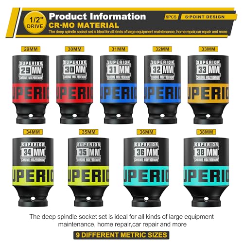 9 Piece 1/2" Drive Impact Socket Set, 29 mm-38 mm Axle Nut Socket, Metric, CR-MO, 6 Point, Large Equipment Maintenance, Home Repair, Car Repair and More - size: 1/2" Heavy Metric