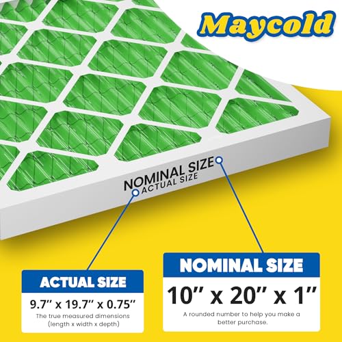 Maycold MERV 13 10x20x1 Air Filter (6-Pack), High-Efficiency Pleated AC & Furnace Filters, Actual Size: 9.70” x 19.70” x 0.75”, Individually Wrapped in Plastic - size: 10x20x1 M13 6-PACK