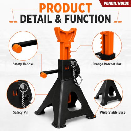 3 Ton Jack Stands with Double Locking and Large Foot Base, Car Jack Stand for SUV, UTV/ATV, Garage Lifting Tool Emergency, Black Orange, Set of 2 - color: Black Orange