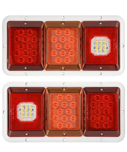 Partsam 2x LED Triple Tail Lights 45 LEDs, Rectangle Vertical Horizontal Mount LED Trailer Truck Camper RV Stop Turn Tail Lights Backup Reverse Taillights w Gasket White Base Amber/Red/Clear Lens 12V - color: White Base