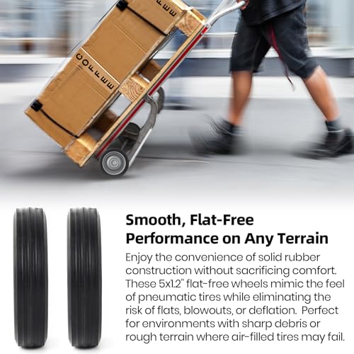 AR-PRO (2-Pack 5" x 1.2" Flat Free Solid Rubber Wheel Assemblies - Replacement Hand Truck Wheels with Ball Bearings and 1/2" Bore Hole Diameter - Heavy-Duty Solid Rubber Tire 88 lbs Load Capacity - size: 5"x1.2
