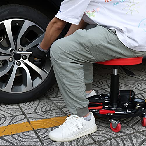 Torin ATRHL6201B Heavy Duty Rolling Pneumatic Creeper Garage/Shop Seat: Padded Adjustable Mechanic Stool with Tool Tray Storage, Red 250 LBS