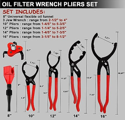 Oil Filter Wrench Set, Adjustable Oil Filter Pliers Set (6Pcs) - size: 6 Pack - Black & Red