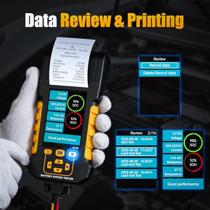 BT880 Car Battery Tester,12V/24V Battery Load Tester with Built-in Thermal Printer, 20-2000 CCA Testing,Cranking/Charging Test,Voltage/Current Monitor,Data Logging & Safety Protections
