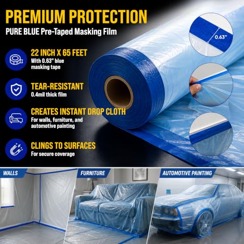 Dura-Gold 22" x 65' Pure Blue Pre-Taped Masking Film, (3 Pack) Painters Plastic Roll (0.4 Mil), Pull Down Drop Sheet, Pre-Taped Plastic Sheeting for Painting Protection on Auto, Walls, Furniture