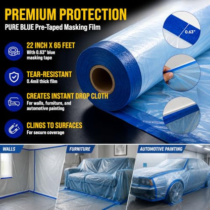 Dura-Gold 22" x 65' Pure Blue Pre-Taped Masking Film, (3 Pack) Painters Plastic Roll (0.4 Mil), Pull Down Drop Sheet, Pre-Taped Plastic Sheeting for Painting Protection on Auto, Walls, Furniture