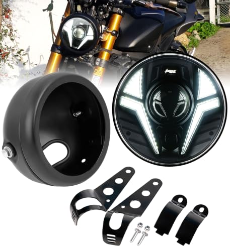 5-3/4 5.75" Motorcycle Headlight with Headlight Housing Bucket Mount Brackets Laser Light with White DRL Amber Turn Signal Compatible with Shadow 750 Rebel 500 Vulcan Cafe Racer Chopper - color: with Housing