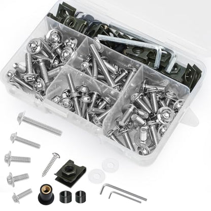 177Pcs Motorcycle Fairing Bolt Kit Silver, M5 M6 Windscreen Screws - color: Chrome