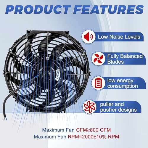 12 Inch 12” Black Universal Electric Radiator Slim Fan 12V 80W High Performance Cooling Push Pull w/Mounting Kit 2PCS - size: 12” 2PCS