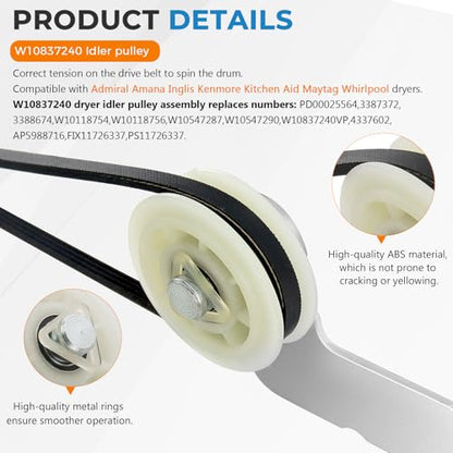 2026 Upgraded 661570V 661570 & 279640 & W10837240 Dryer Drum Belt Idler Pulley and Pulley Kit Fit for Whirlpool Maytag Ken-More Dryers Pulley WED9200SQ0 WED5600XW0 PS11726337 W10547290 by Blutoget