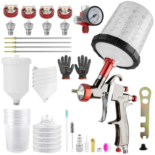LVLP Automotive Paint Spray Gun R500 Kit, 1.3/1.5/1.7/2.0mm Nozzles LVLP Spray Gun with 600ml Plastic Cup&650ml Disposable Cups& Air Regulator Set, for Painting