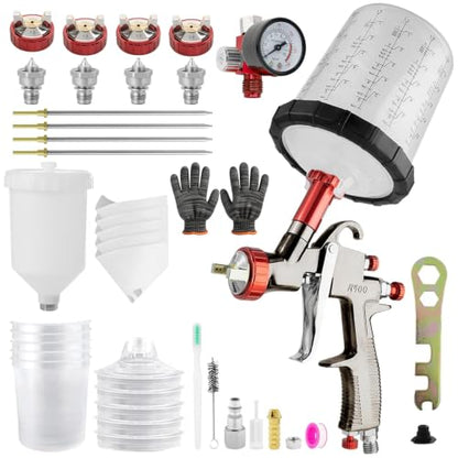 LVLP Automotive Paint Spray Gun R500 Kit, 1.3/1.5/1.7/2.0mm Nozzles LVLP Spray Gun with 600ml Plastic Cup&650ml Disposable Cups& Air Regulator Set, for Painting