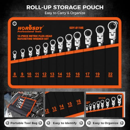 HORUSDY 12-Piece Metric Flex-Head Ratcheting Wrench Set 8-22mm, CR-V Ratchet Combination Wrenches with 72T 180° Flex Head, Magnetic Holder & Tool Bag for Auto, Motorcycle, Home & Repair - style: 12-Piece Metric Flex-Head Ratcheting - New Version