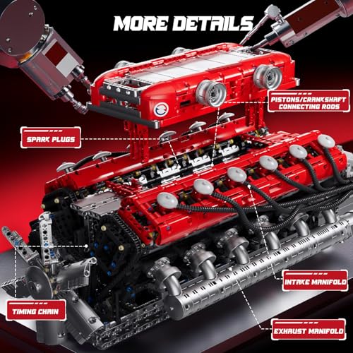 Mould King V12 Engine Model Kit that Runs - Motorized Mini Engines Building Blocks Set with Battery & Gearshift, Car Construction STEM Toy for Adults, DIY Mechanic Engineering Kit (3472+ PCS) - style: WX-10169