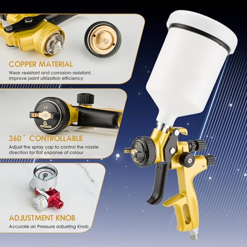 HVLP Air Spray Gun Kit 1.3mm, Professional Automotive Paint Sprayer - color: Golden, size: 1.3mm