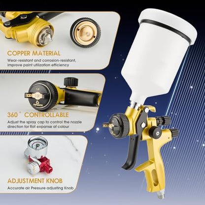HVLP Air Spray Gun Kit 1.3mm, Professional Automotive Paint Sprayer - color: Golden, size: 1.3mm