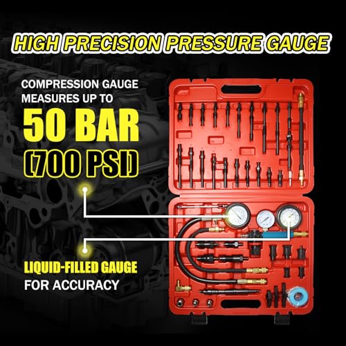 47 PCS Compression Tester Kit, Leak Down Tester Automotive Small Engine, Cylinder LeakdownTester Kit for Fixing Petrol & Diesel Engine Issues for Cars, Trucks and Motocycles