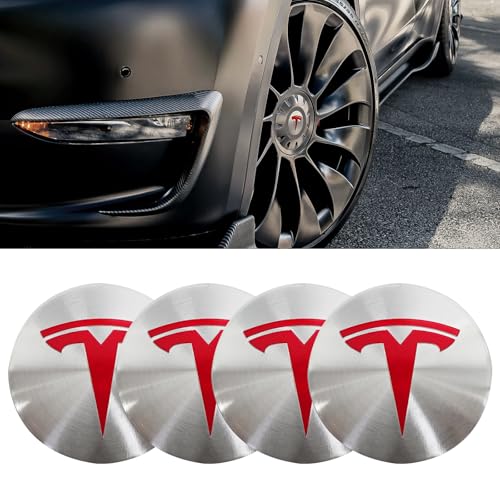 4 Pack Aluminum Waterproof Wheel Cover Center Emblem Sticker for Tesla Model 3 Model Y 56mm Hubcaps Wheel Rim Cover (Silver Background+Red Emblem) - color: Silver Background+Red Emblem