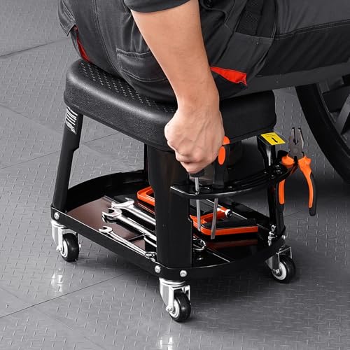 VEVOR Mechanic Stool, 300 lbs Capacity, Black, Industrial Style, Plastic Seat, Wheels, 360 Swivel, Tool Tray, Screwdriver Rack