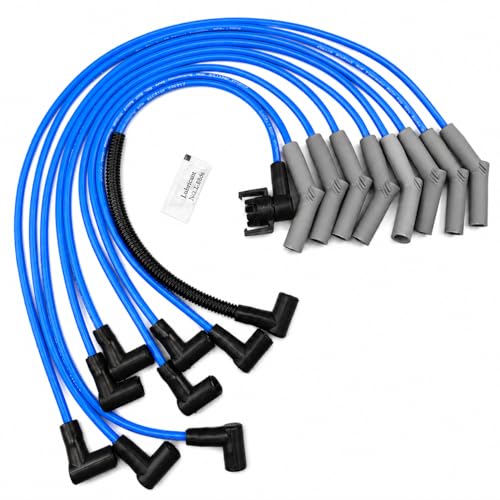 Cable Master 8.2mm Spark Plug Wire Set Compatible with Ford 5.8L V8 351W Windsor Bronco F-150 F-250 F-350 E-150 E-250 E-350 Econoline, Button Terminal HEI Coil, Blue