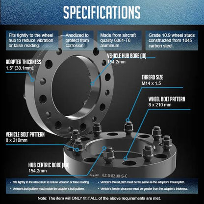 Wheel Accessories Parts 2 Pcs Wheel Spacers Adapters 8 on 210mm 1.50 Thick 154.2mm Hub M14x1.5 14x1.5 Thread Stud Fits Chevrolet Silverado GMC Sierra 3500HD (Dually) - size: No Lip, style: 1.50" Steel (2 Pack)